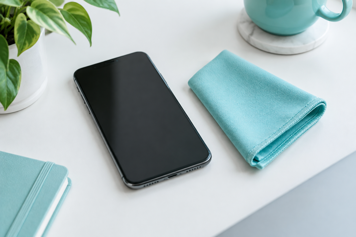 Celular con pantalla apagada junto a un paño de microfibra sobre un escritorio luminoso.