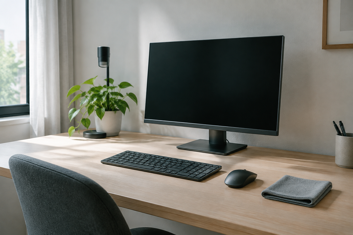 Escritorio organizado con monitor apagado, teclado, mouse y un paño de microfibra.