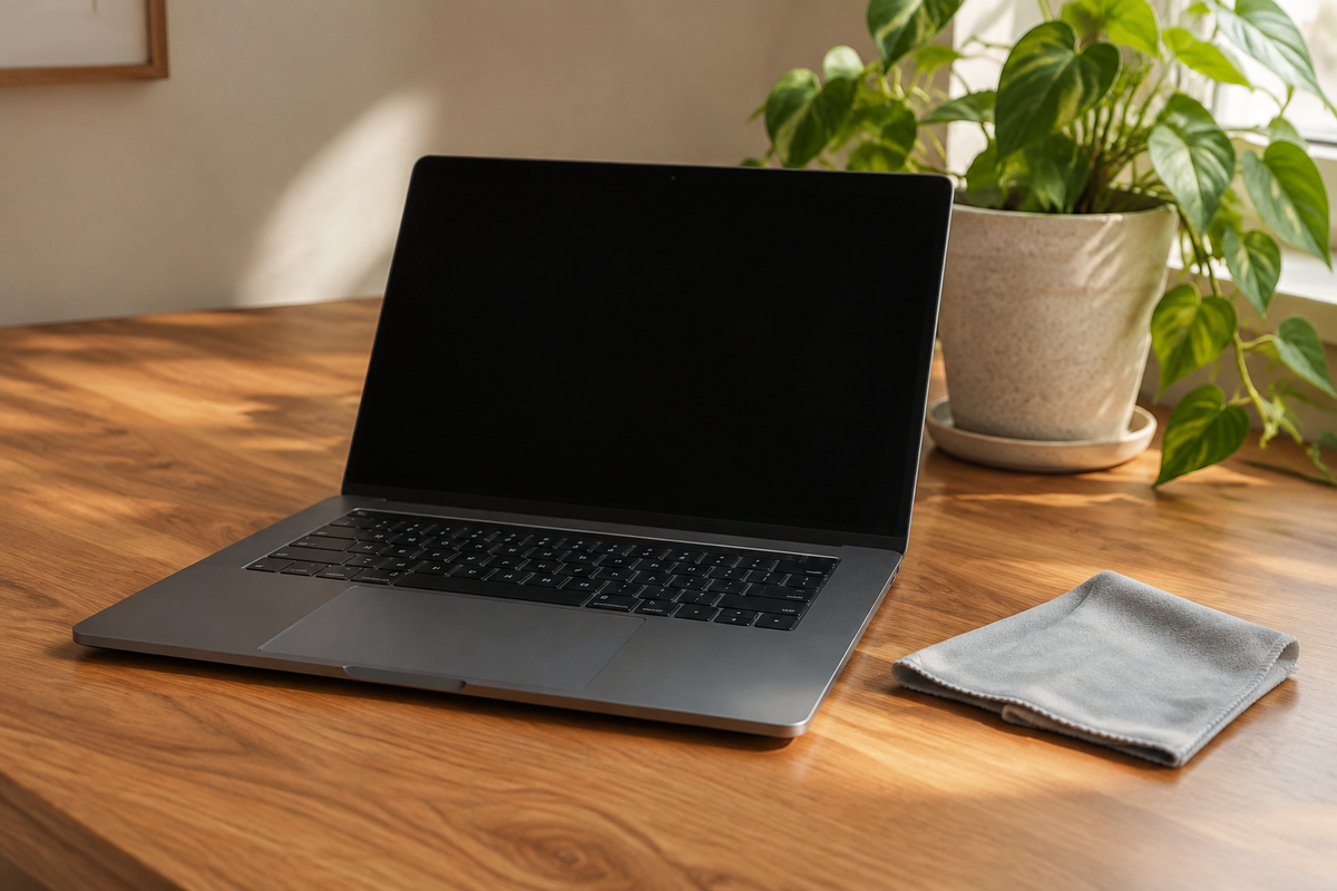 Laptop apagada junto a un paño de microfibra sobre un escritorio de madera.
