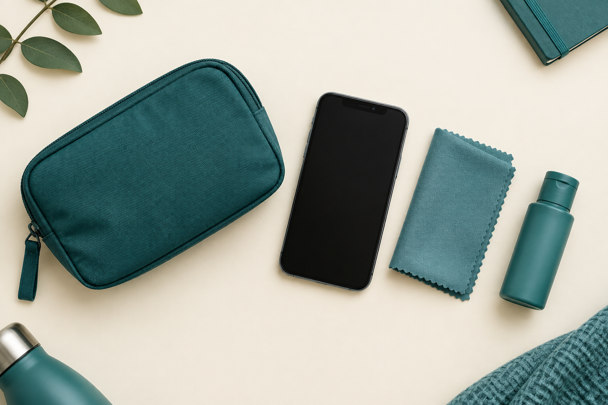 Kit de viaje con un celular, paño de microfibra y envase genérico cerrado junto a un estuche.